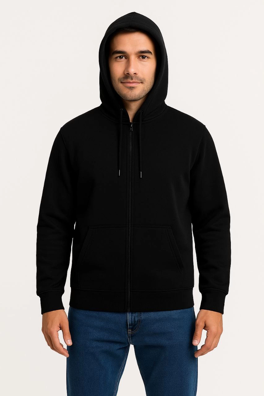 Erkek Üç İplik Kapüşonlu Tam Fermuarlı Kanguru Çepli SweatShirt Hoodie - Siyah