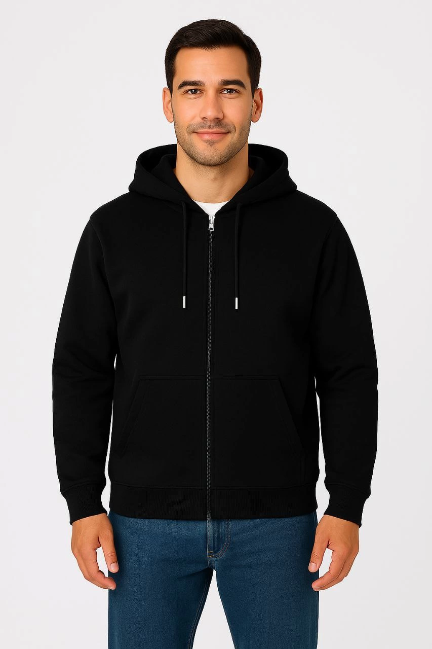 Erkek Üç İplik Kapüşonlu Tam Fermuarlı Kanguru Çepli SweatShirt Hoodie - Siyah