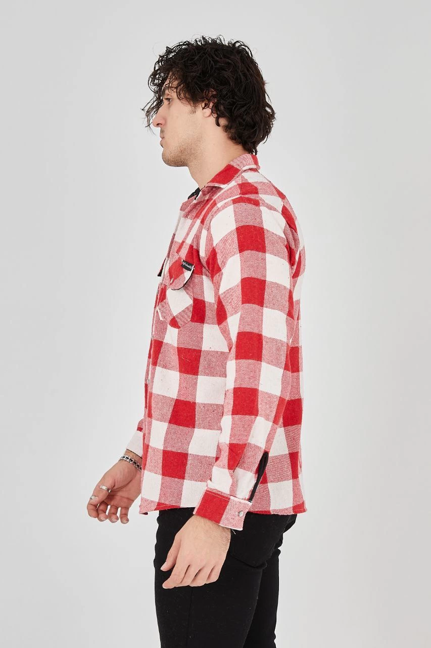 Erkek Oduncu Gömlek – Uzun Kollu, Şardonlu Kumaş, Kareli Desen, Regular Fit, Manşetli, Çift Cepli, Rahat Günlük Bahar & Kış Stil - Kırmızı