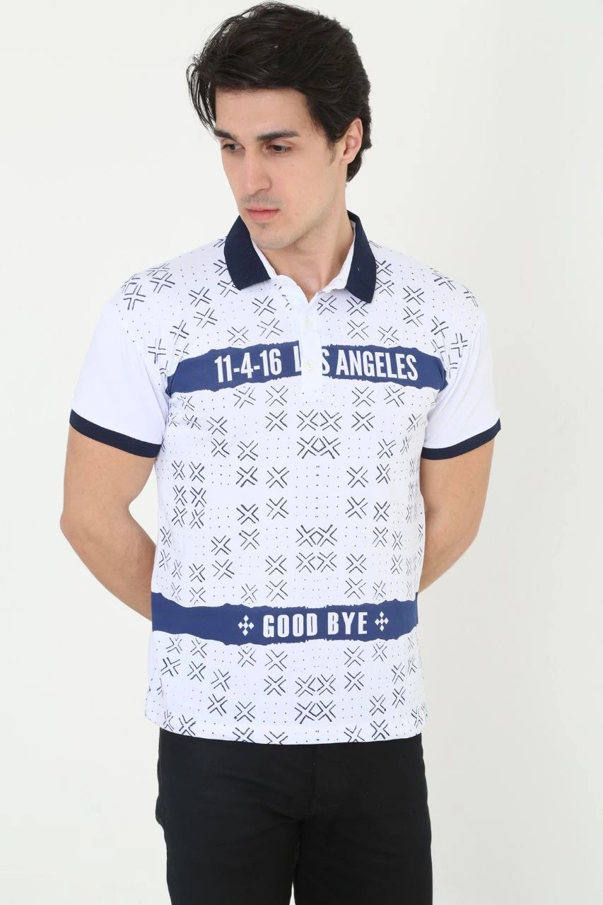 Erkek Yakalı Slim Fit Baskılı T-Shirt - Beyaz