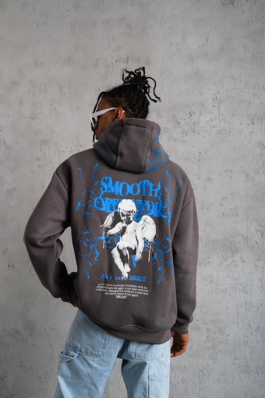 Erkek Yıldırım Baskılı Kapşonlu Sweatshirt - Gri