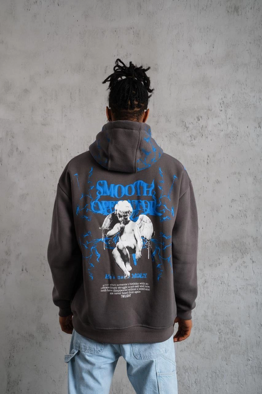 Erkek Yıldırım Baskılı Kapşonlu Sweatshirt - Gri