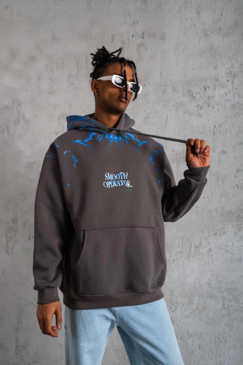 Erkek Yıldırım Baskılı Kapşonlu Sweatshirt - Gri
