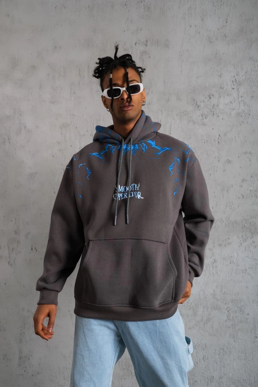 Erkek Yıldırım Baskılı Kapşonlu Sweatshirt - Gri