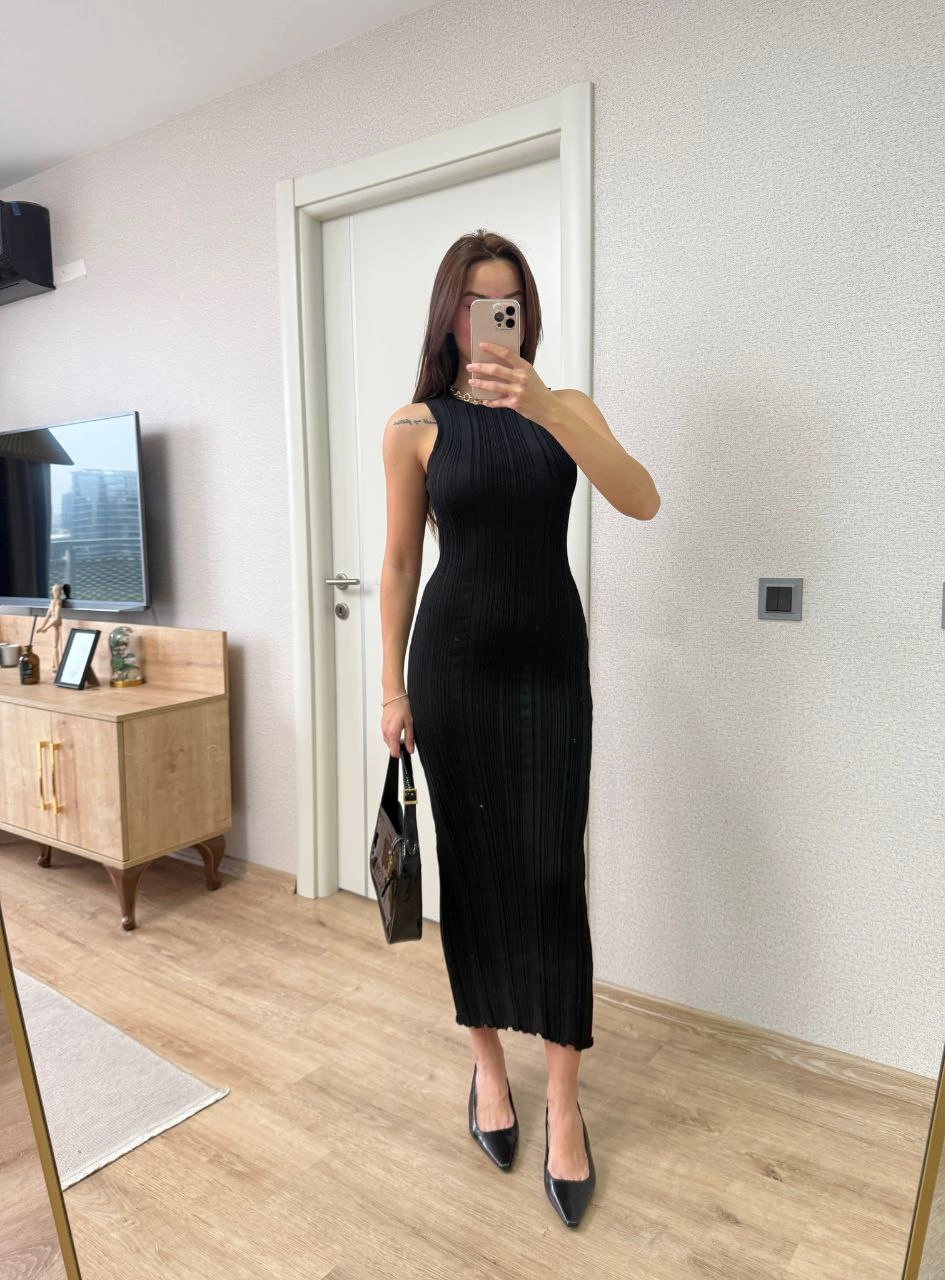 Fitilli Triko Elbise Kolsuz Sırtı Kapalı Maxi Uzun Boy - Siyah
