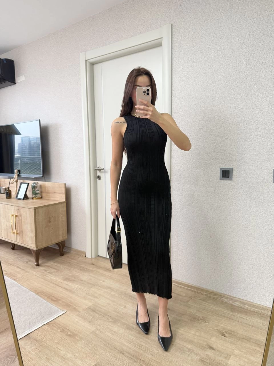 Fitilli Triko Elbise Kolsuz Sırtı Kapalı Maxi Uzun Boy - Siyah