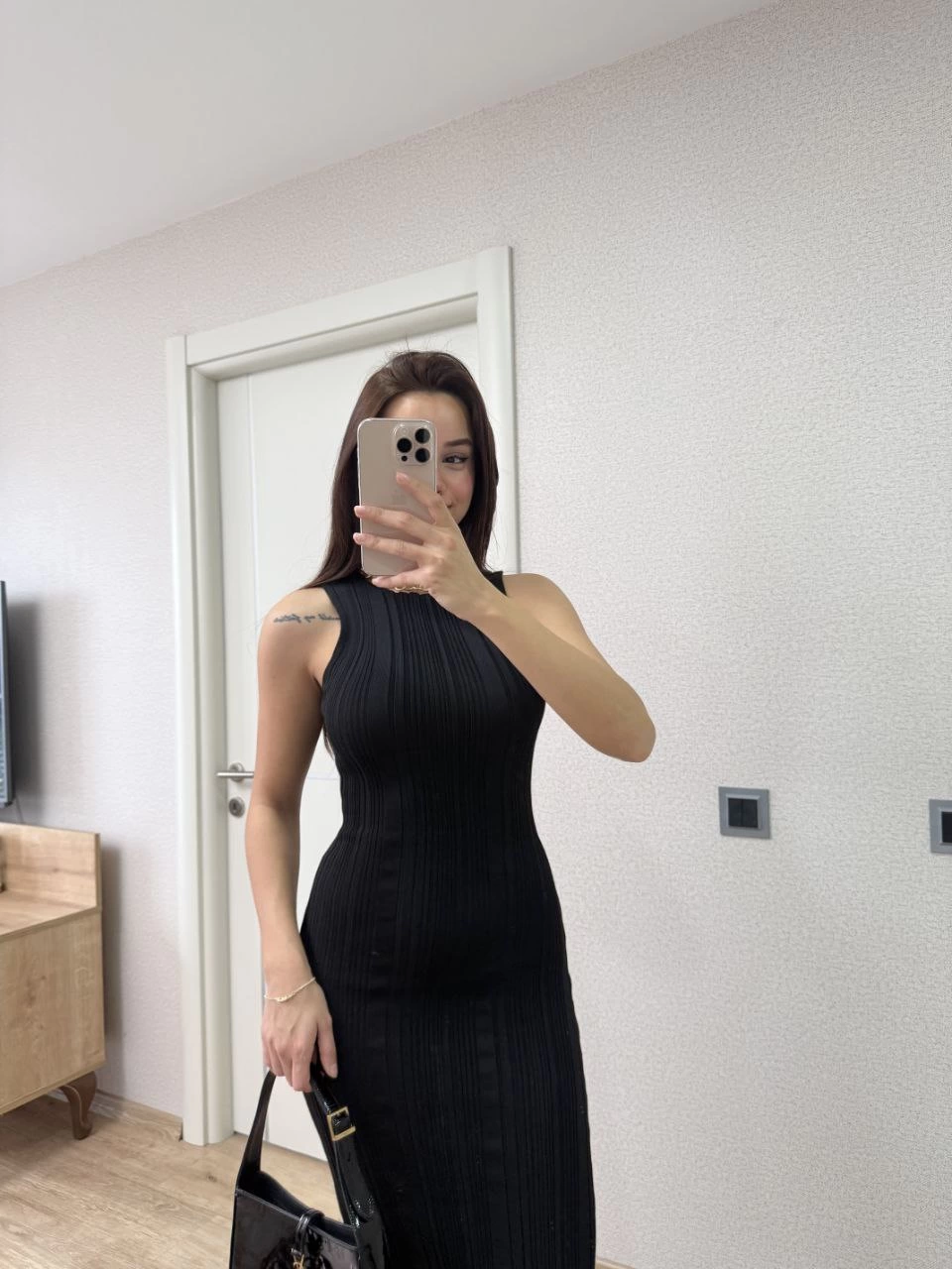 Fitilli Triko Elbise Kolsuz Sırtı Kapalı Maxi Uzun Boy - Siyah