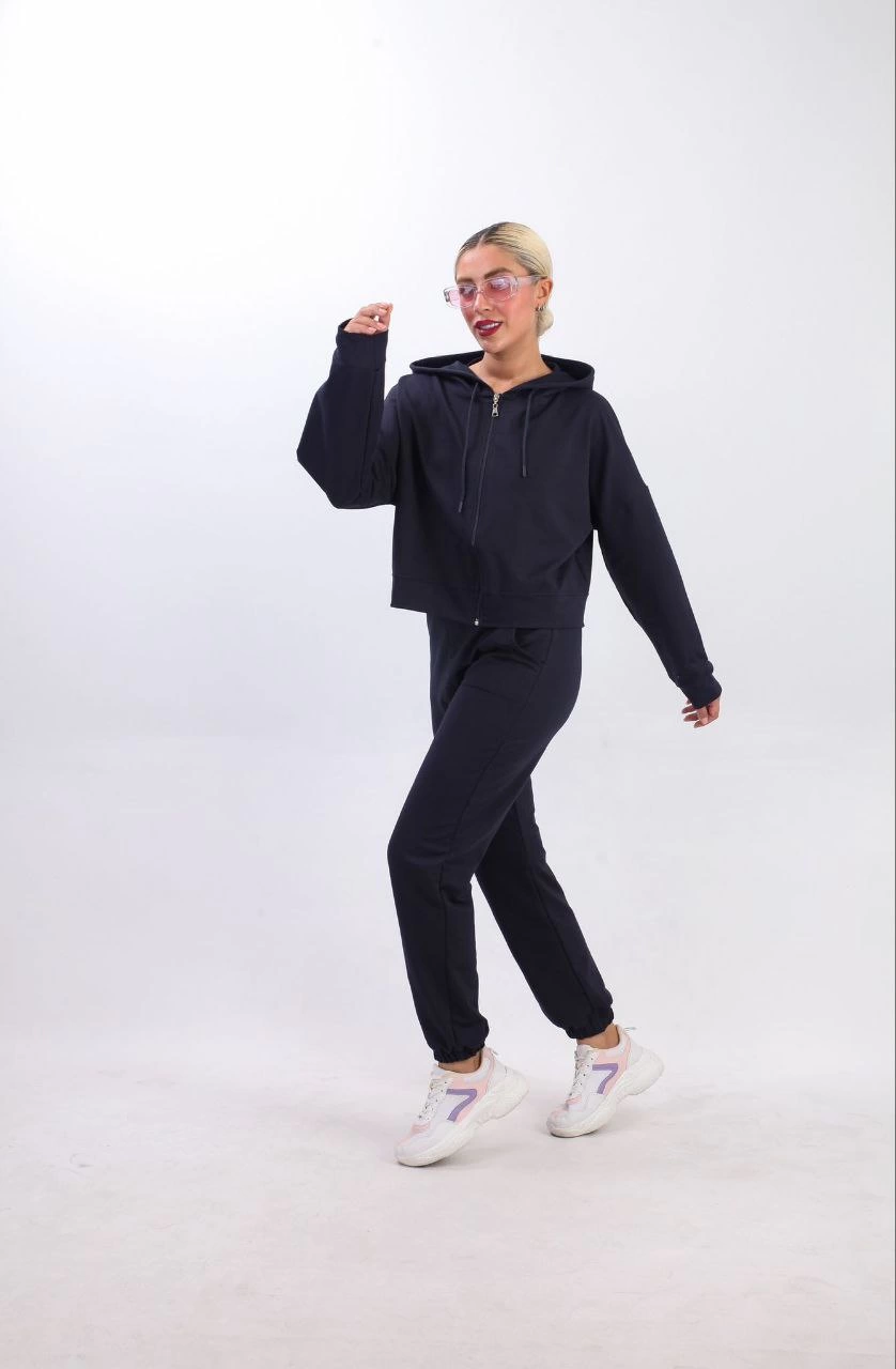 iki iplik Kapüşonlu Fermuarlı Crop Oversize Hırka Takım- Lacivert