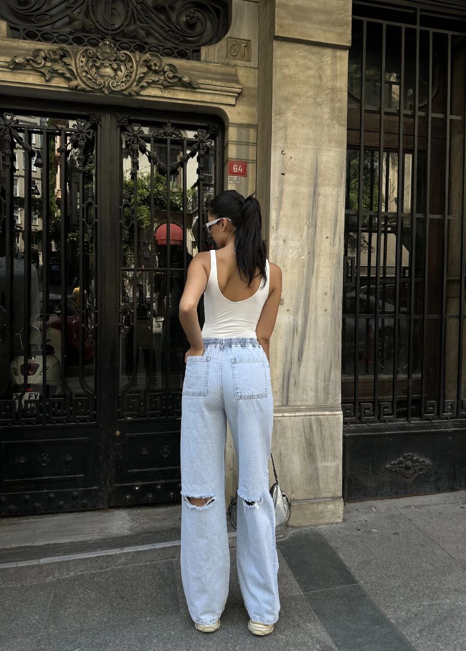 Kadın Arkadan Yırtmaçlı Jeans Kot Palazzo Pantolon - Mavi