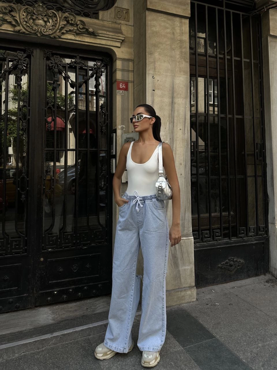 Kadın Arkadan Yırtmaçlı Jeans Kot Palazzo Pantolon - Mavi