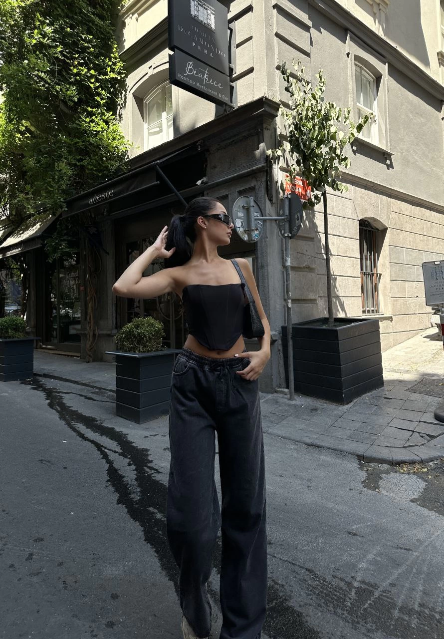 Kadın Arkadan Yırtmaçlı Jeans Kot Palazzo Pantolon - Siyah