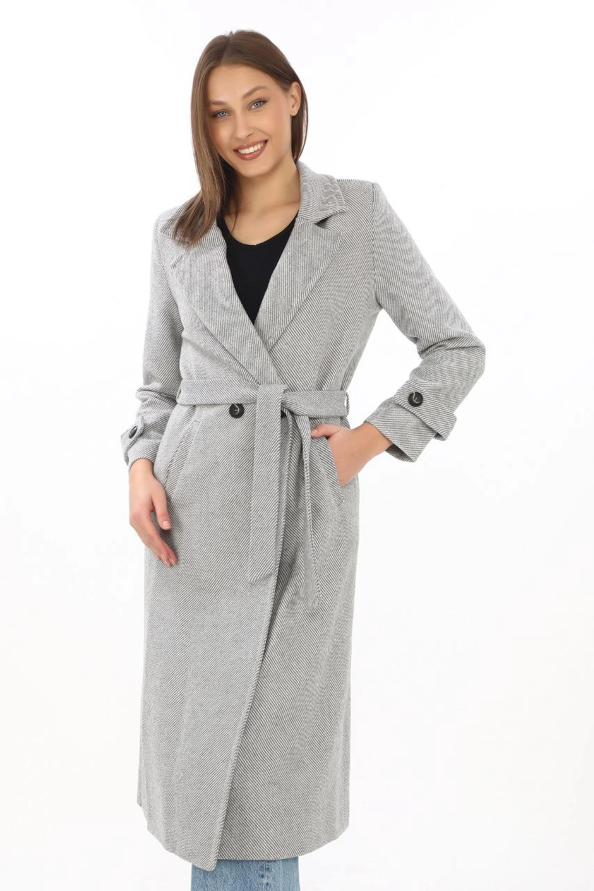 Kadın Astarlı Balık Sırtı Kaşmir Kaşe Kaban - Gri