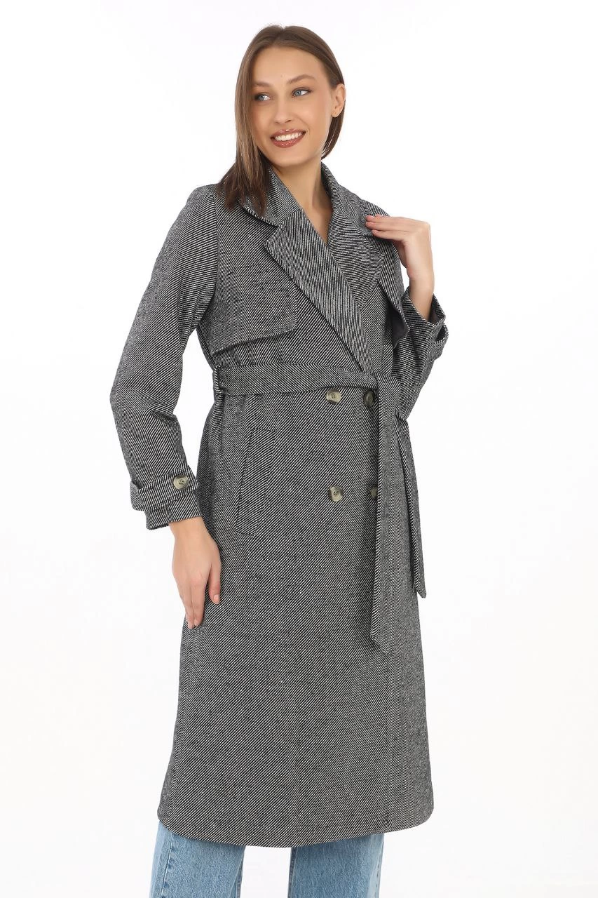 Kadın Balık Sırtı Kaşmir Uzun Kaşe Kaban - Boyalı Gri