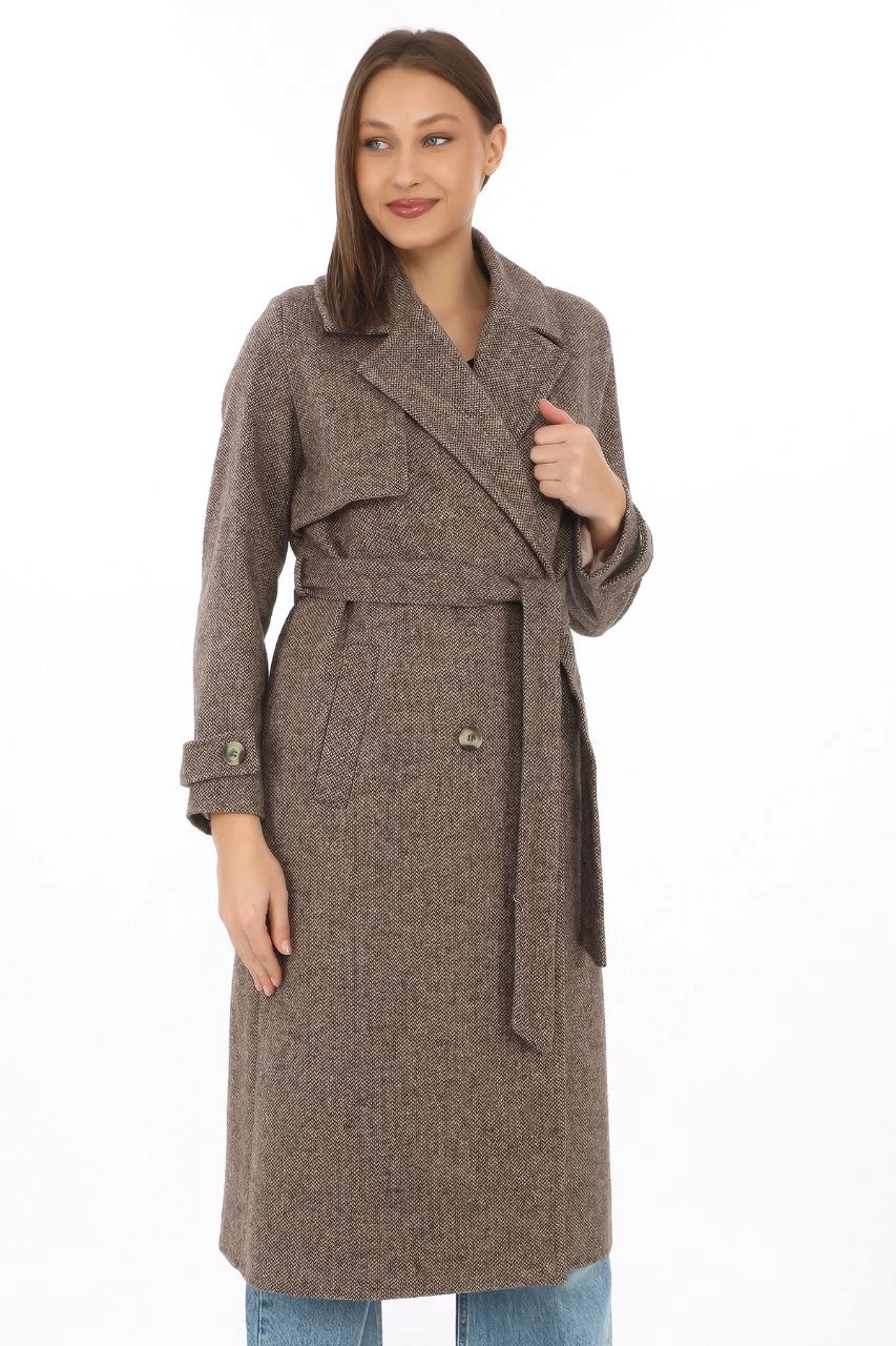 Kadın Balık Sırtı Kaşmir Uzun Kaşe Kaban - Vizon