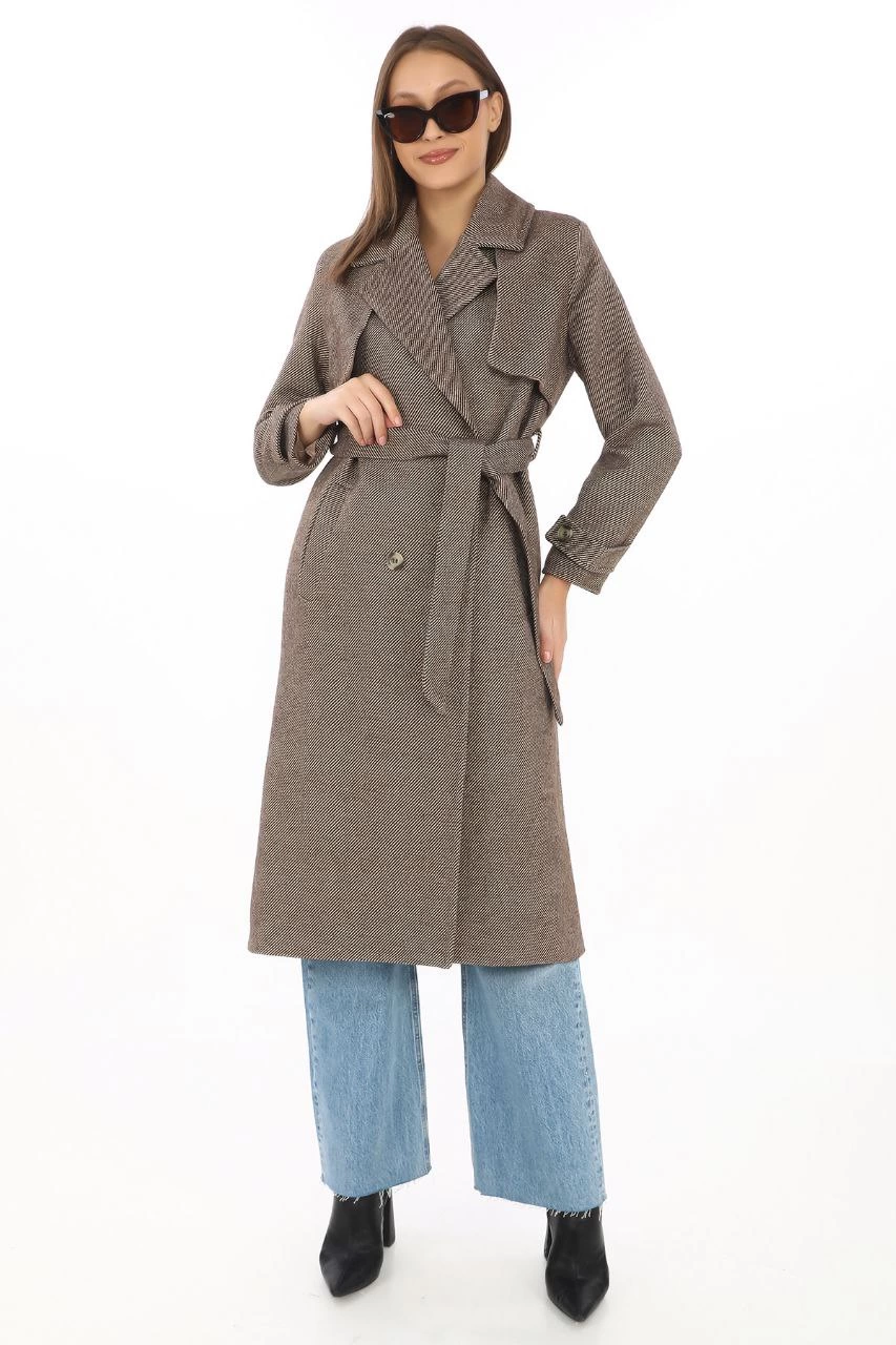 Kadın Balık Sırtı Kaşmir Uzun Kaşe Kaban - Vizon