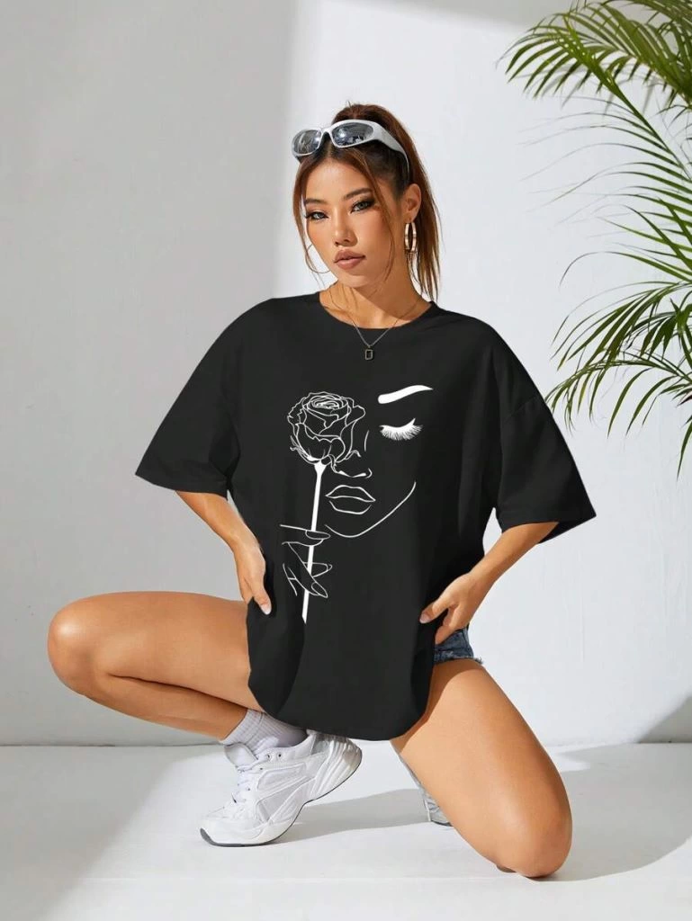 Kadın Baskılı Oversize T-shirt - Siyah