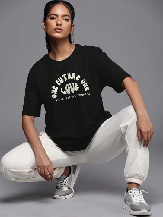 Kadın Baskılı Oversize T-shirt - Siyah