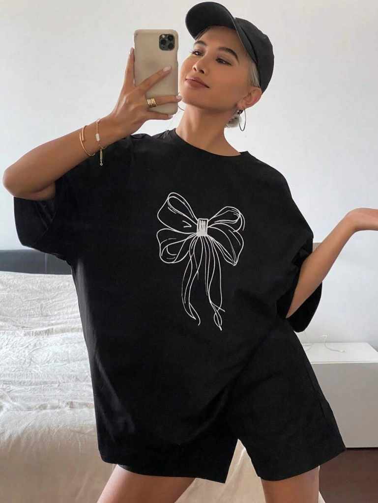 Kadın Baskılı Oversize T-shirt - Siyah