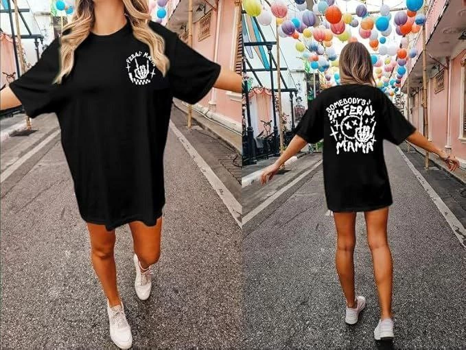 Kadın Bisiklet Yaka Baskılı T-shirt - Siyah