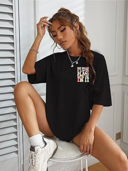 Kadın Bisiklet Yaka Baskılı T-shirt - Siyah