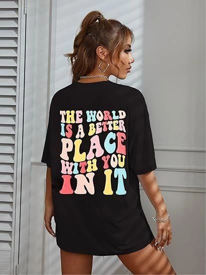 Kadın Bisiklet Yaka Baskılı T-shirt - Siyah