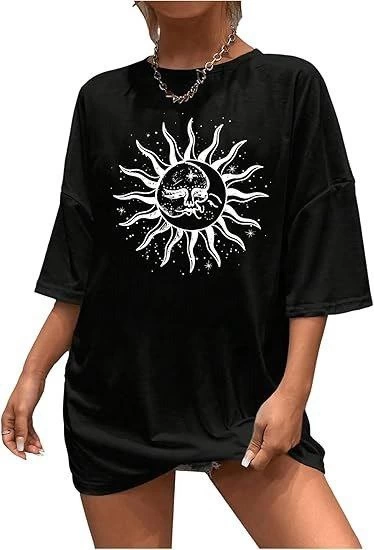 Kadın Bisiklet Yaka Baskılı T-shirt - Siyah