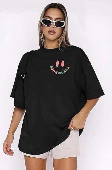 Kadın Bisiklet Yaka Kısa Kol Baskılı T-shirt - Siyah