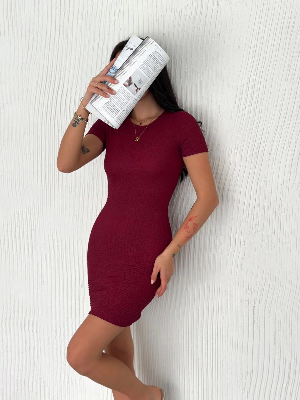 Kadın Bisiklet Yaka Kısa Kol Likralı Elbise - Bordo