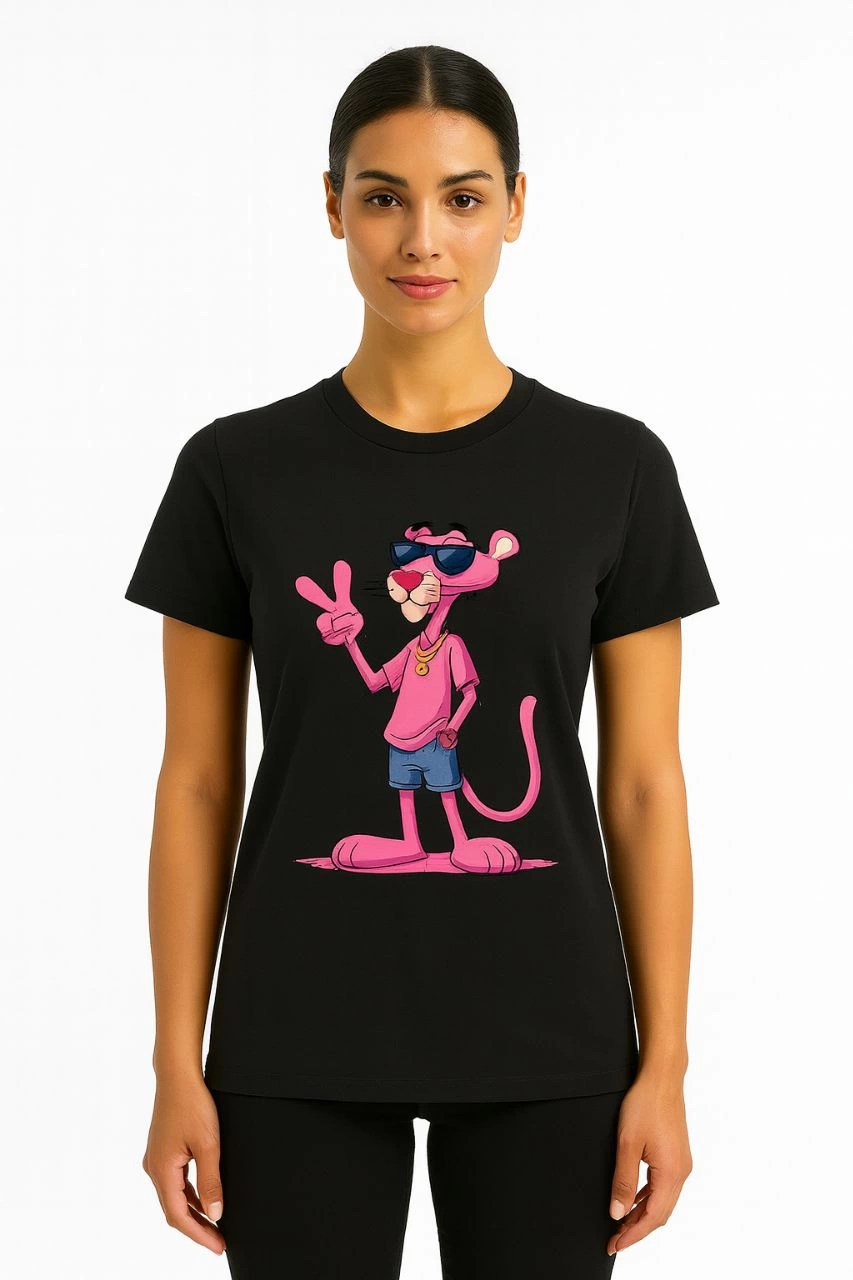 Kadın Bisiklet Yaka Kısa Kollu Baskılı T-shirt - Siyah