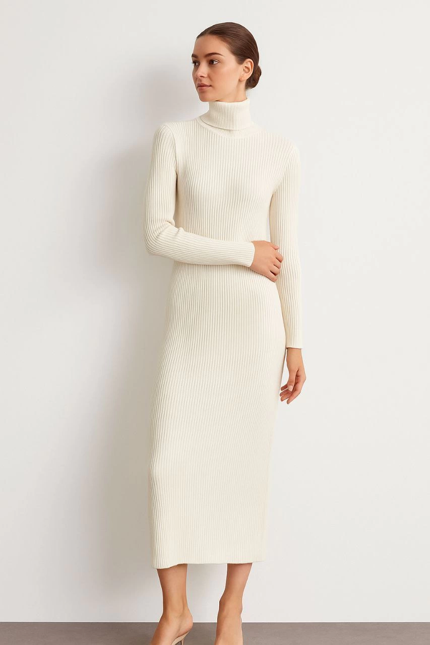 Kadın Boğazlı Triko Elbise – Uzun Fitilli Esnek Dokuma, Tam Kalıp, Kışlık & Baharlık Şık Rahat Stil, 130 cm Midi Boy Elbise - Beyaz