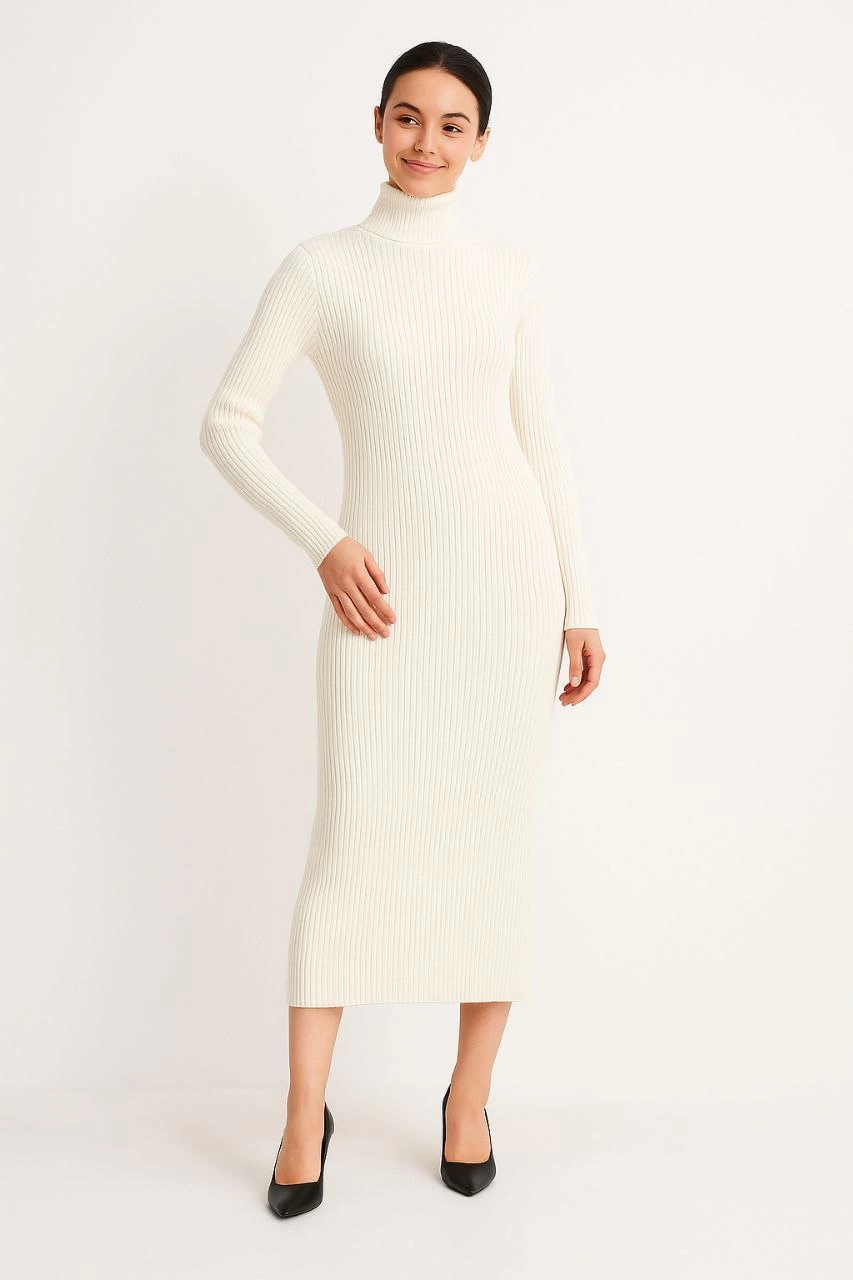 Kadın Boğazlı Triko Elbise – Uzun Fitilli Esnek Dokuma, Tam Kalıp, Kışlık & Baharlık Şık Rahat Stil, 130 cm Midi Boy Elbise - Beyaz