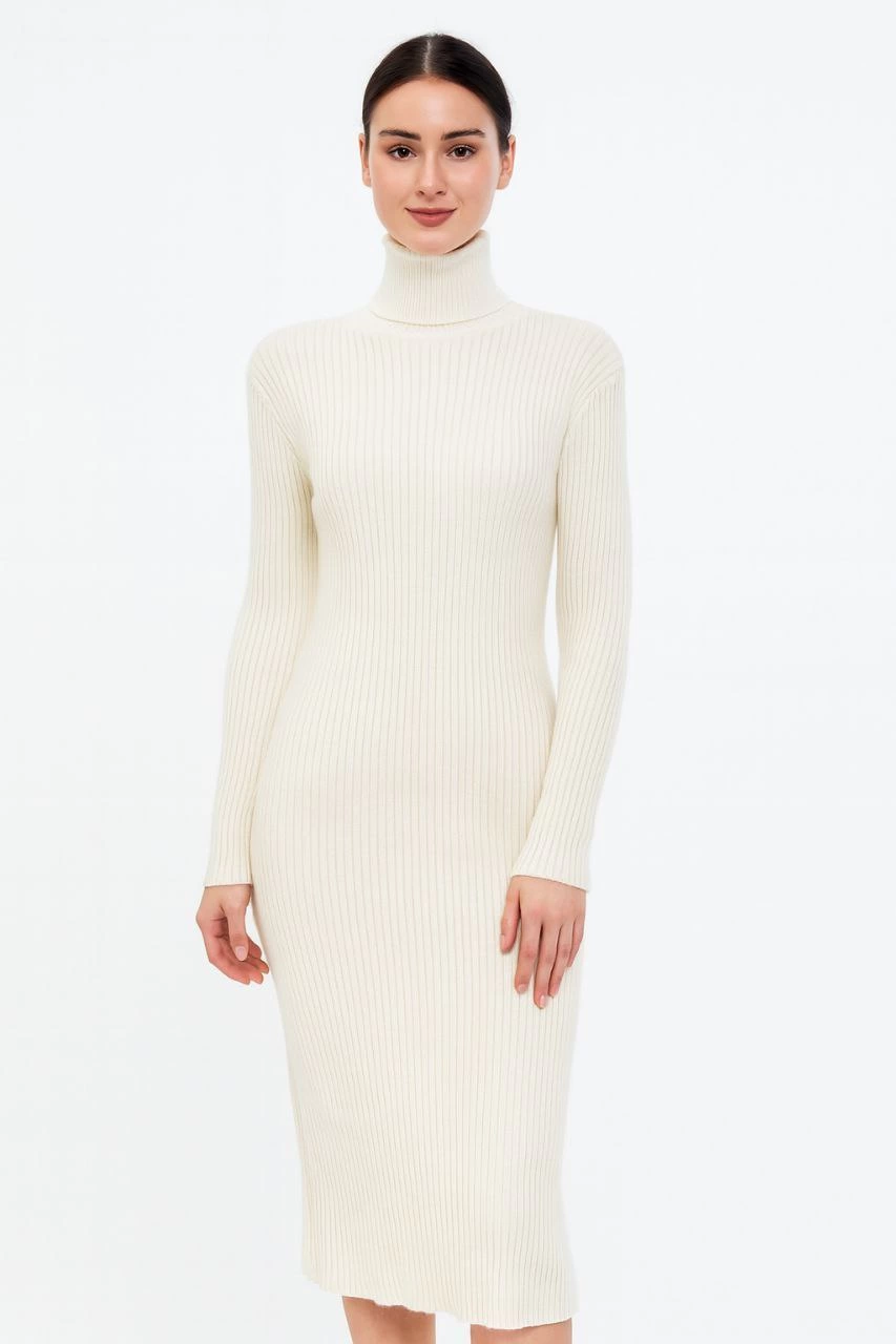 Kadın Boğazlı Triko Elbise – Uzun Fitilli Esnek Dokuma, Tam Kalıp, Kışlık & Baharlık Şık Rahat Stil, 130 cm Midi Boy Elbise - Beyaz