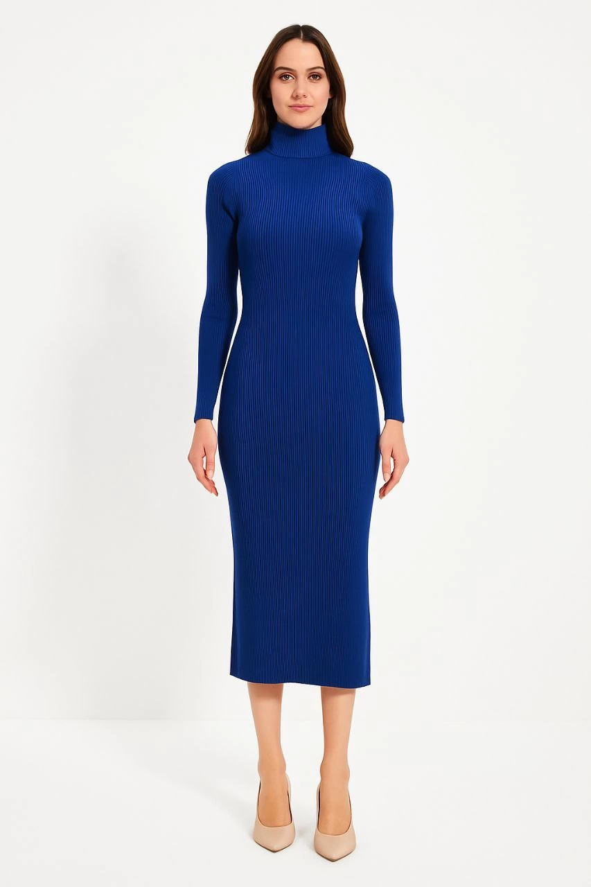 Kadın Boğazlı Triko Elbise – Uzun Fitilli Esnek Dokuma, Tam Kalıp, Kışlık & Baharlık Şık Rahat Stil, 130 cm Midi Boy Elbise - Saks Mavisi