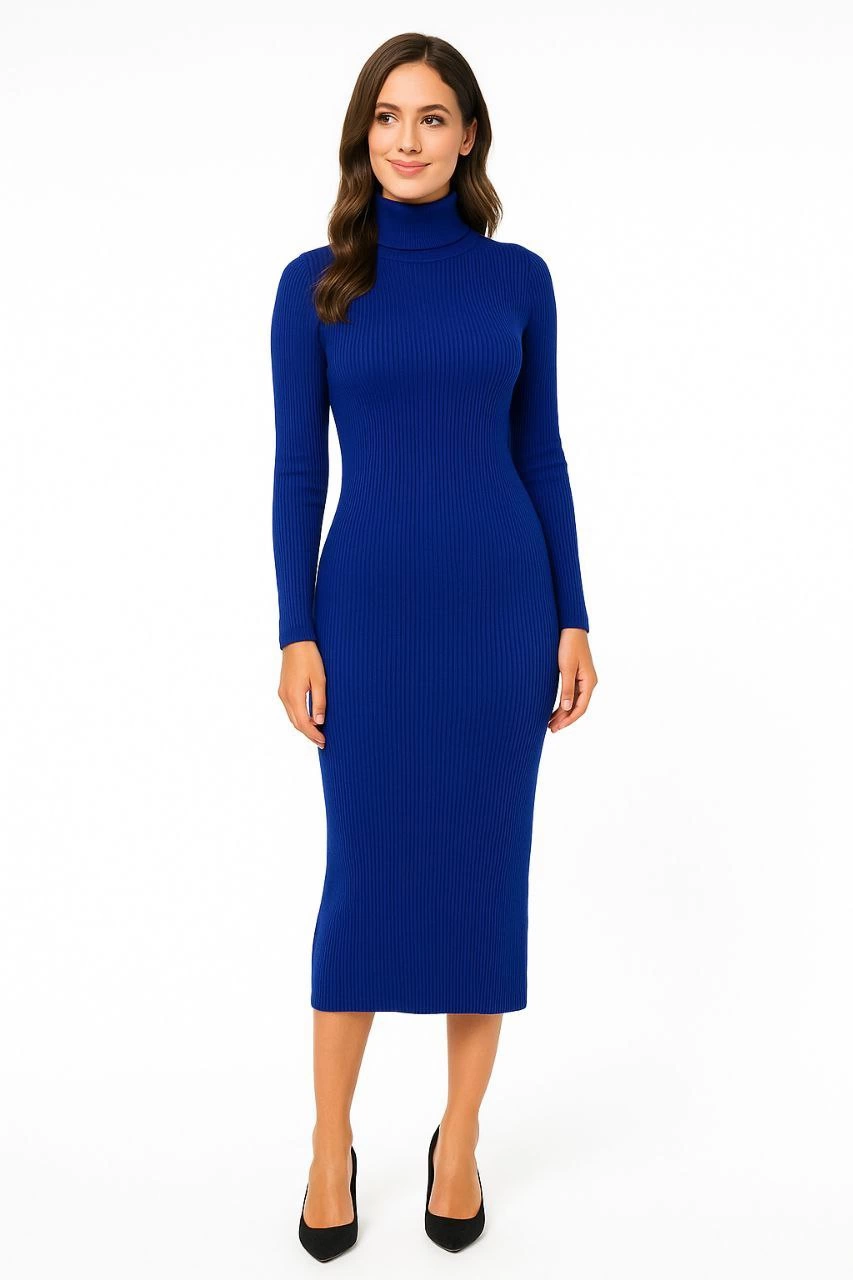 Kadın Boğazlı Triko Elbise – Uzun Fitilli Esnek Dokuma, Tam Kalıp, Kışlık & Baharlık Şık Rahat Stil, 130 cm Midi Boy Elbise - Saks Mavisi