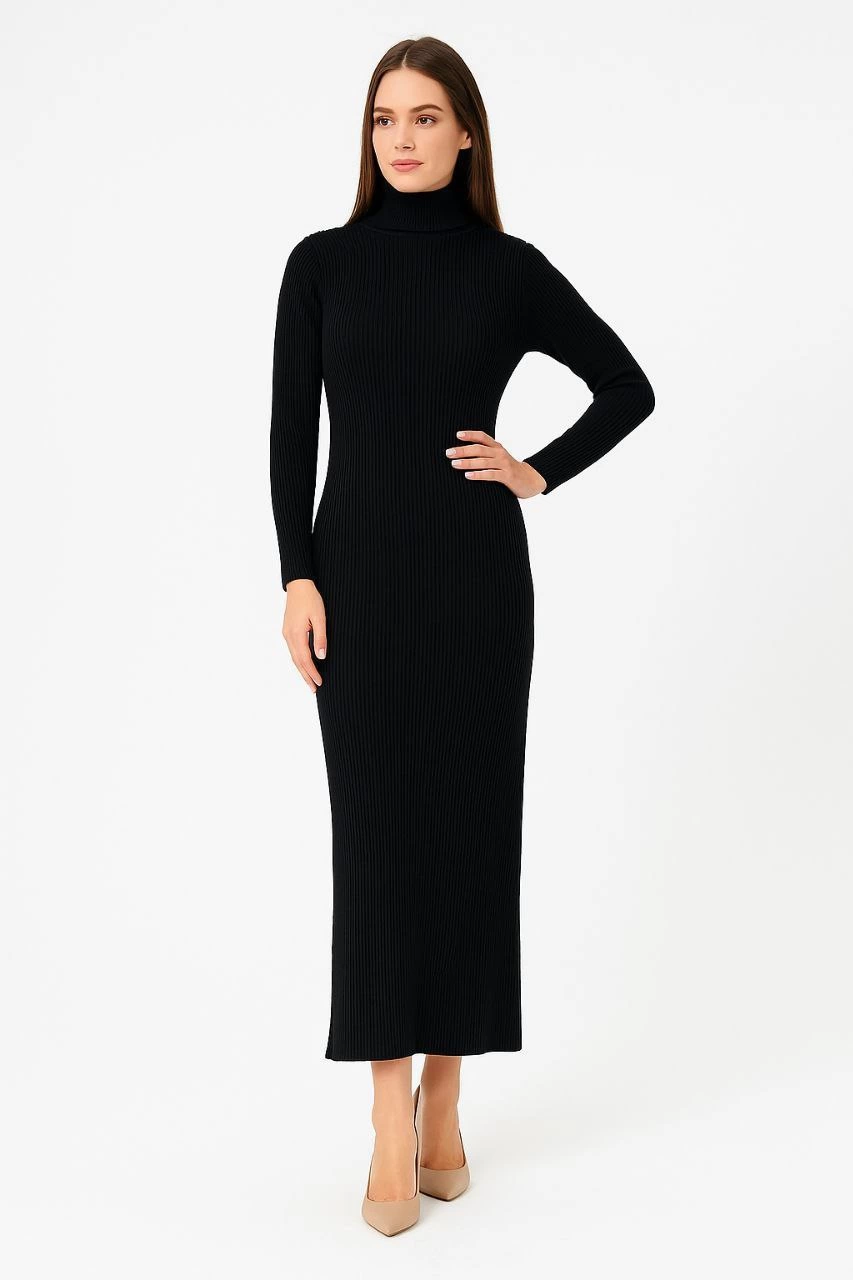 Kadın Boğazlı Triko Elbise – Uzun Fitilli Esnek Dokuma, Tam Kalıp, Kışlık & Baharlık Şık Rahat Stil, 130 cm Midi Boy Elbise - Siyah