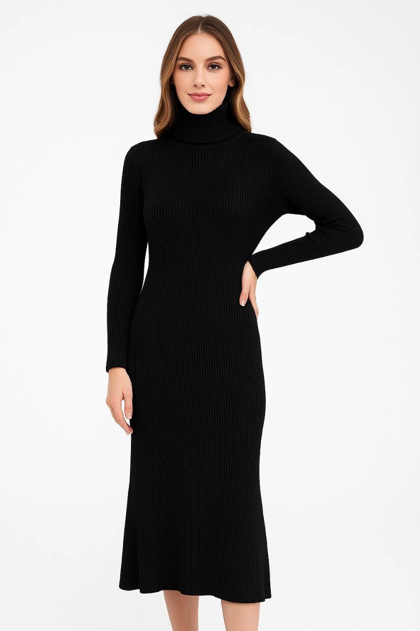 Kadın Boğazlı Triko Elbise – Uzun Fitilli Esnek Dokuma, Tam Kalıp, Kışlık & Baharlık Şık Rahat Stil, 130 cm Midi Boy Elbise - Siyah