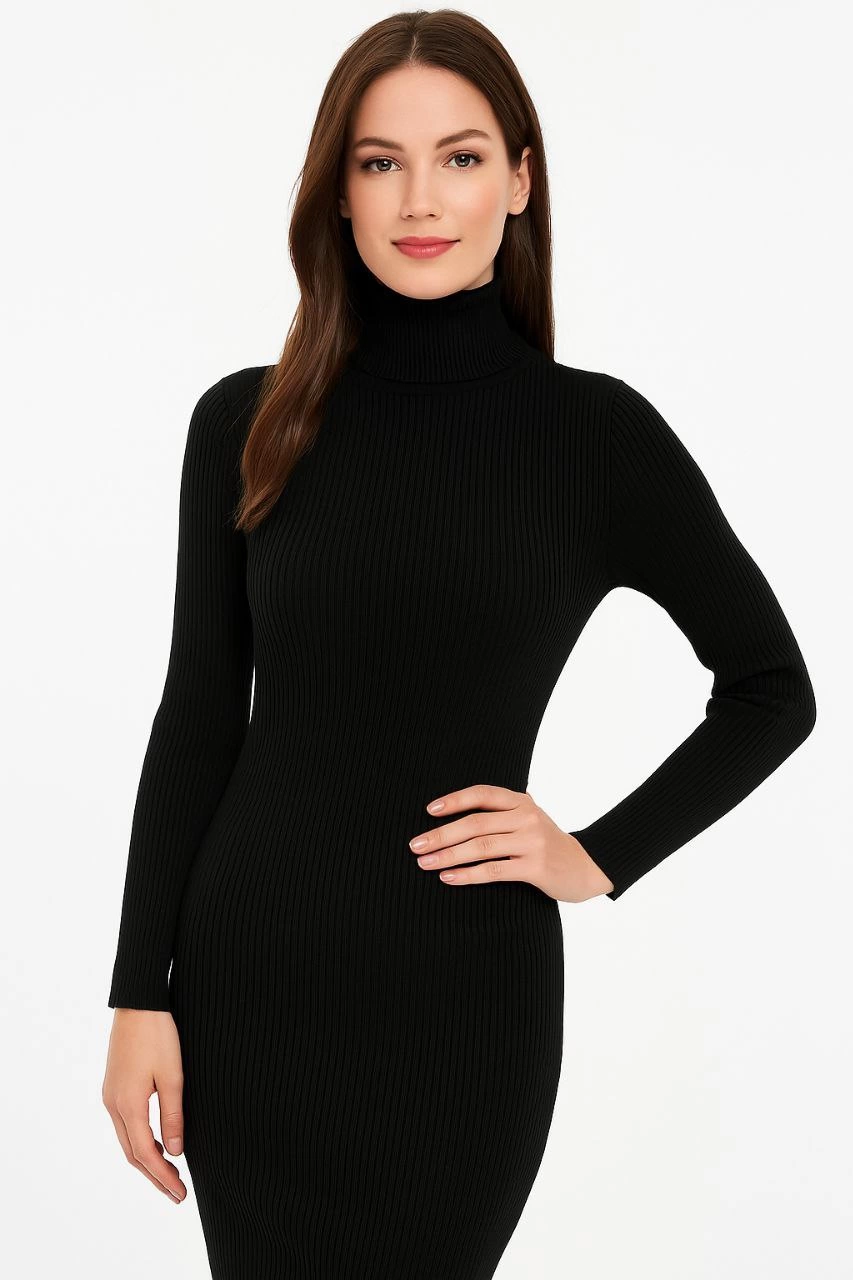 Kadın Boğazlı Triko Elbise – Uzun Fitilli Esnek Dokuma, Tam Kalıp, Kışlık & Baharlık Şık Rahat Stil, 130 cm Midi Boy Elbise - Siyah
