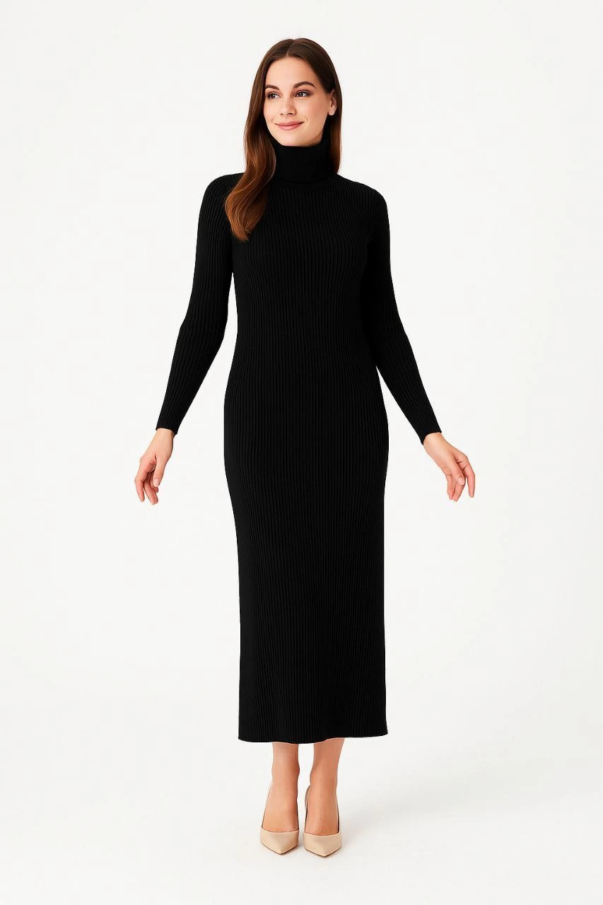 Kadın Boğazlı Triko Elbise – Uzun Fitilli Esnek Dokuma, Tam Kalıp, Kışlık & Baharlık Şık Rahat Stil, 130 cm Midi Boy Elbise - Siyah