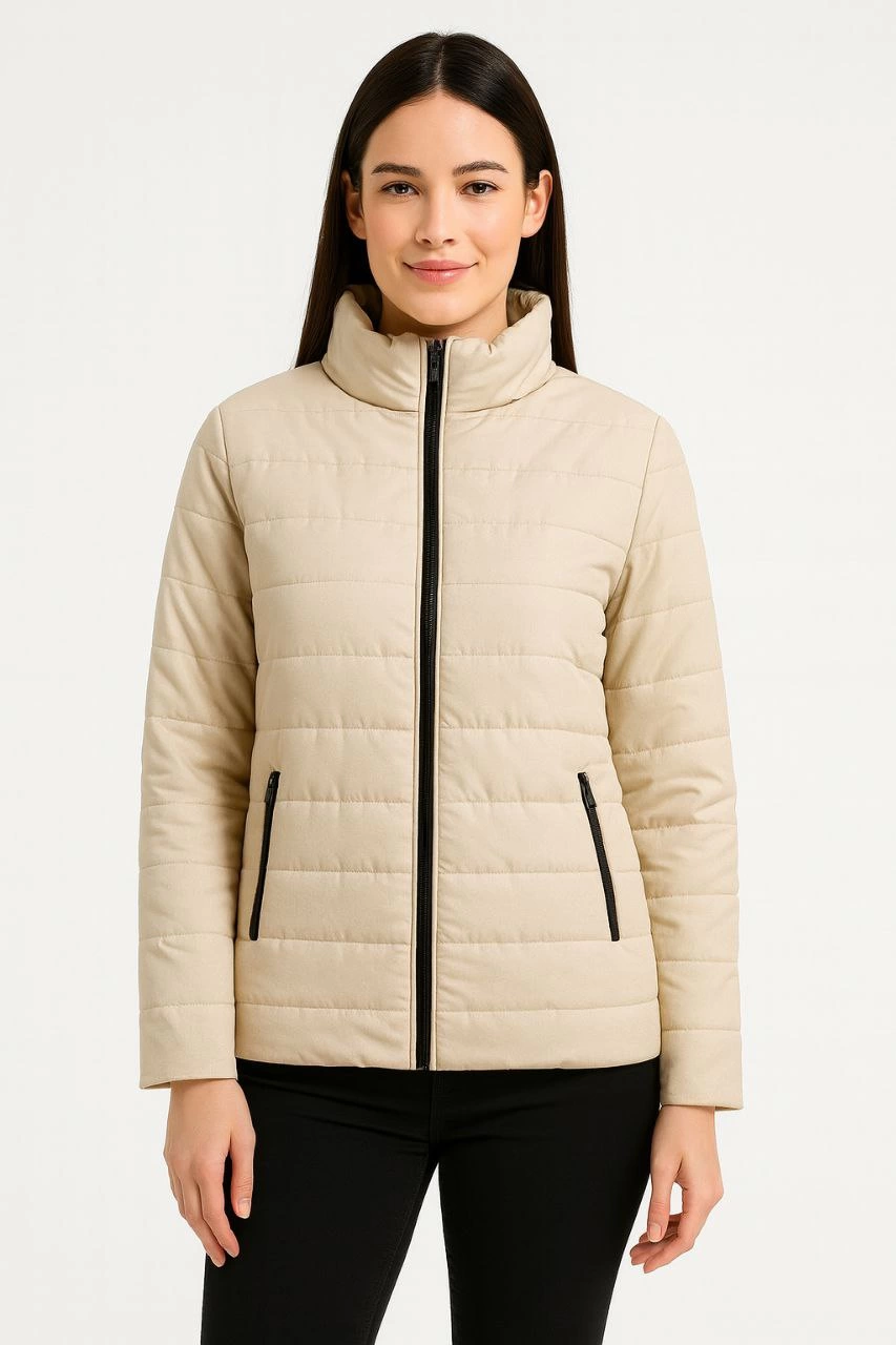 Kadın Bomber Mont Ceket – Su İtici Kumaş, Kapitone Astarlı, Fermuarlı, Kışlık - Bej