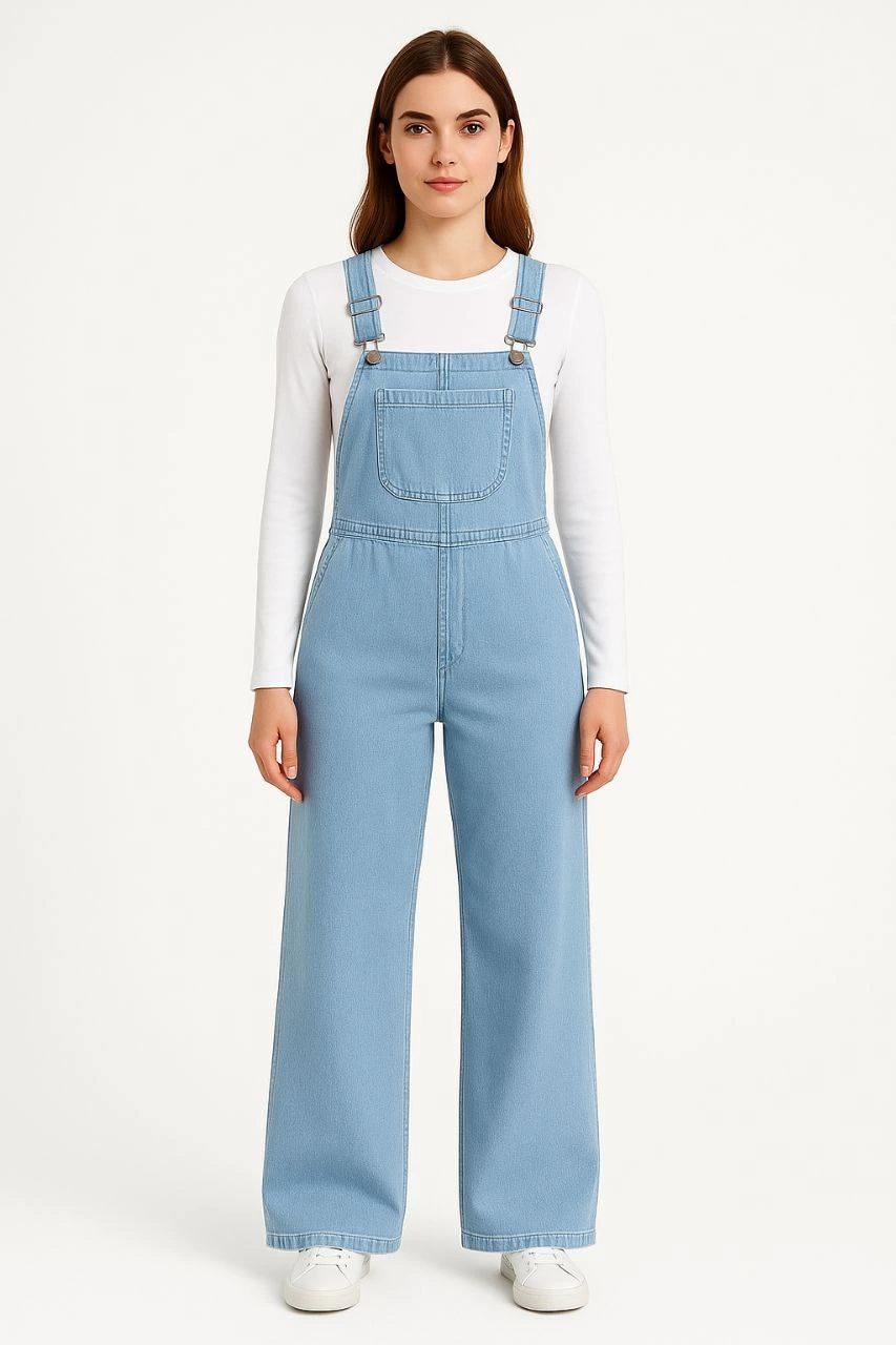 Kadın Chambray Açık Mavi Denim Görünümlü Geniş Paça Salopet Tulum - Mavi