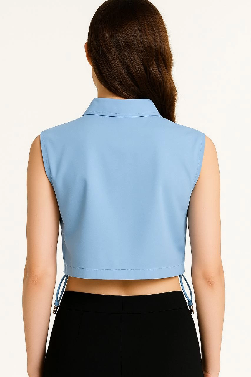 Kadın Crop Poplin Gömlek Yalancı Cepli, Ayarlanabilir Yan Kordonlu, - Bebe Mavisi