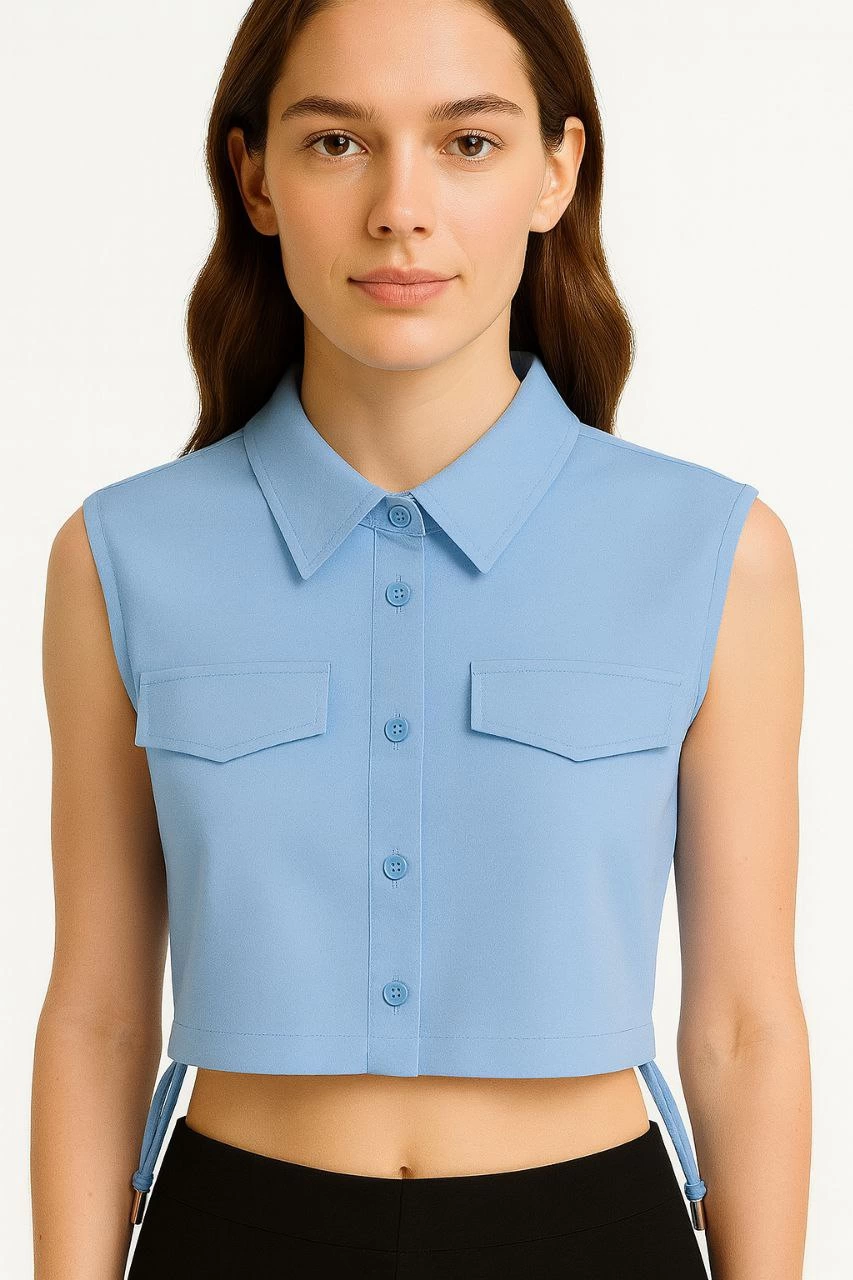 Kadın Crop Poplin Gömlek Yalancı Cepli, Ayarlanabilir Yan Kordonlu, - Bebe Mavisi