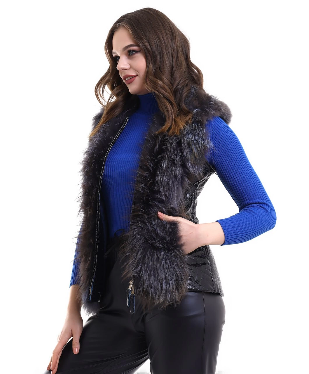 Kadın Fermuarlı Koyun Derisi Tilki Kürkü - Siyah