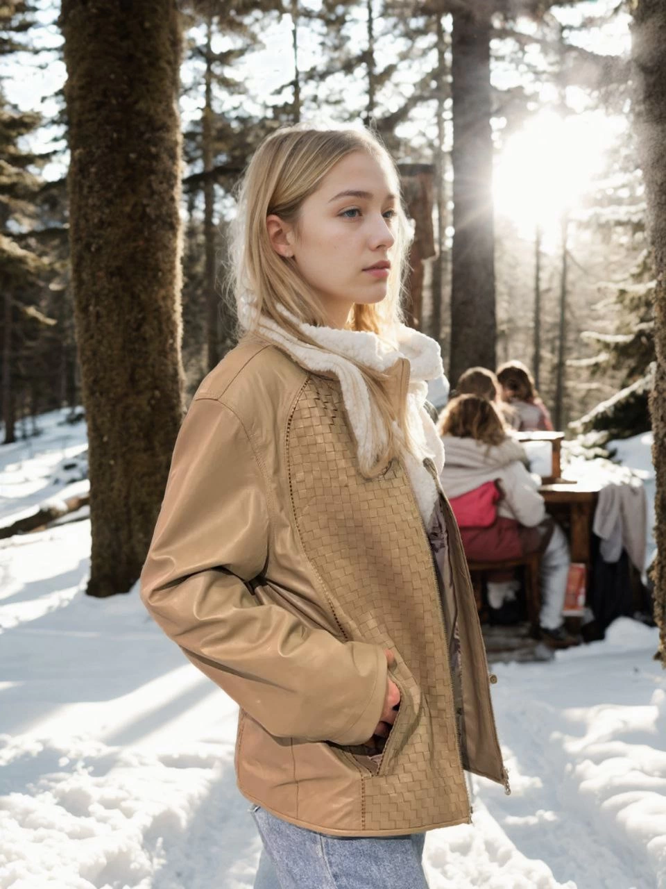 Kadın Fileli Deri Ceket - Krem