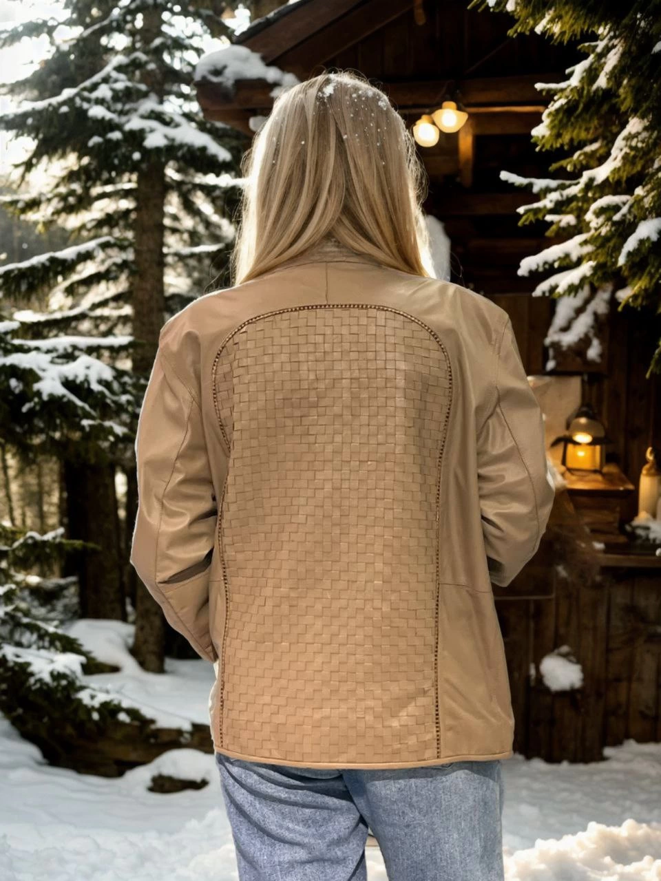 Kadın Fileli Deri Ceket - Krem
