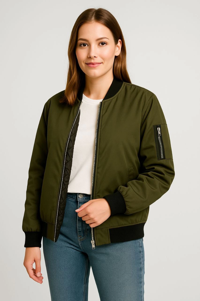 Kadın Bomber Mont Ceket – Fermuarlı, Kapitone İçi Astarlı, Su İtici Kumaş, Regular Fit, Yandan Cepli, Günlük Bahar & Kış Şık Rahat Stil - Haki