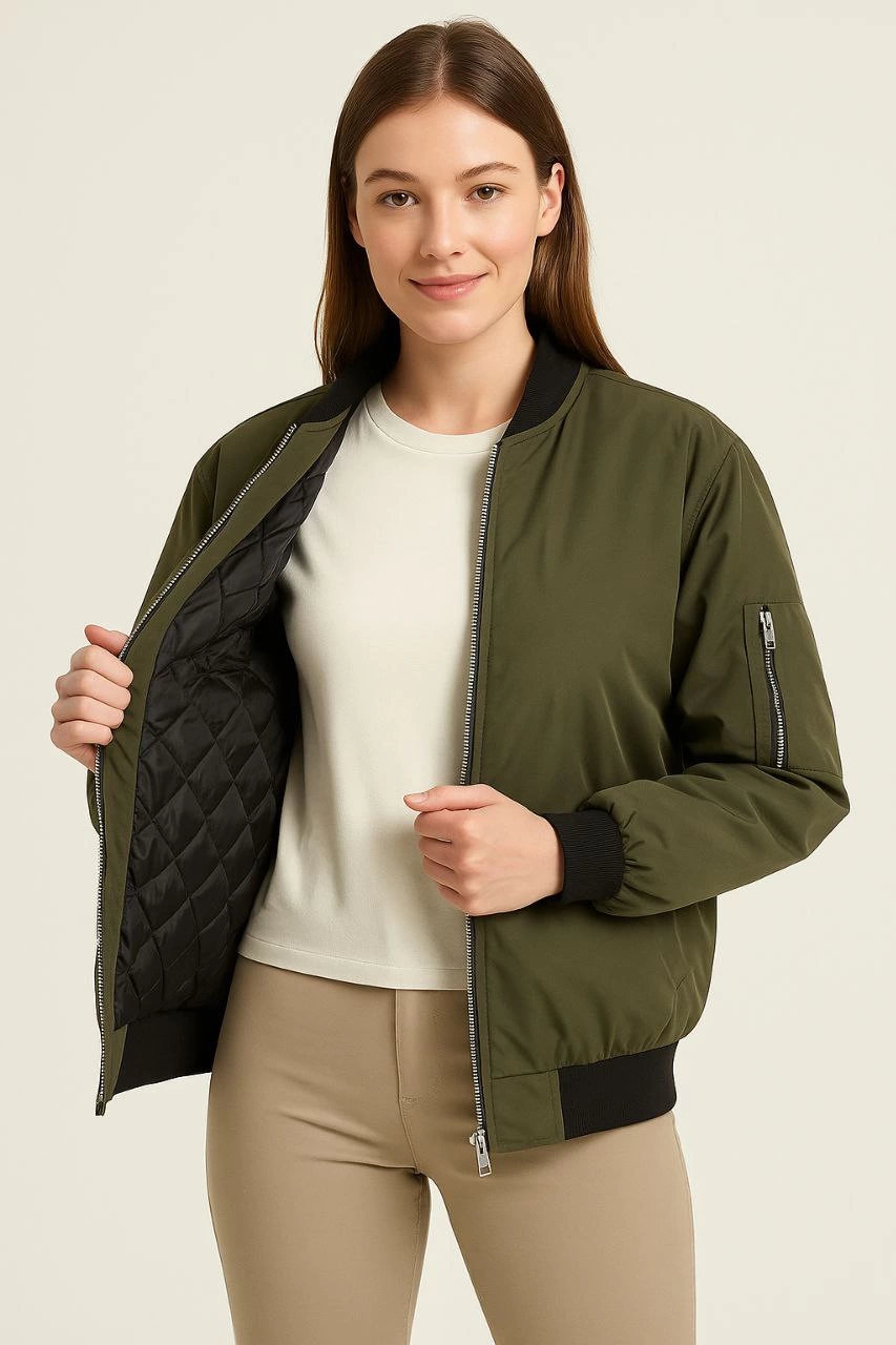 Kadın Bomber Mont Ceket – Fermuarlı, Kapitone İçi Astarlı, Su İtici Kumaş, Regular Fit, Yandan Cepli, Günlük Bahar & Kış Şık Rahat Stil - Haki