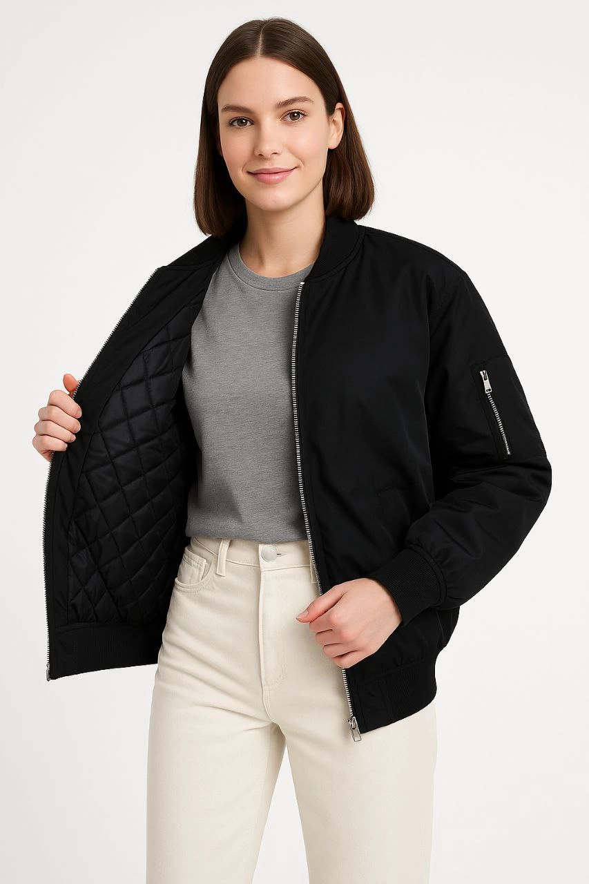 Kadın Bomber Mont Ceket – Fermuarlı, Kapitone İçi Astarlı, Su İtici Kumaş, Regular Fit, Yandan Cepli, Günlük Bahar & Kış Şık Rahat Stil - Siyah