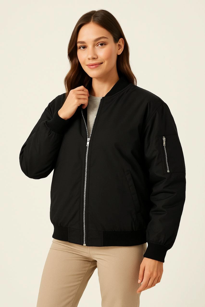 Kadın Bomber Mont Ceket – Fermuarlı, Kapitone İçi Astarlı, Su İtici Kumaş, Regular Fit, Yandan Cepli, Günlük Bahar & Kış Şık Rahat Stil - Siyah