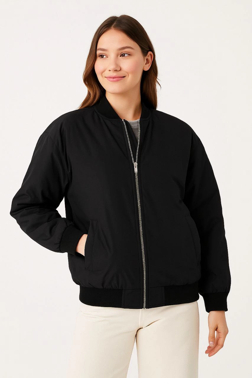 Kadın Bomber Mont Ceket – Fermuarlı, Kapitone İçi Astarlı, Su İtici Kumaş, Regular Fit, Yandan Cepli, Günlük Bahar & Kış Şık Rahat Stil - Siyah